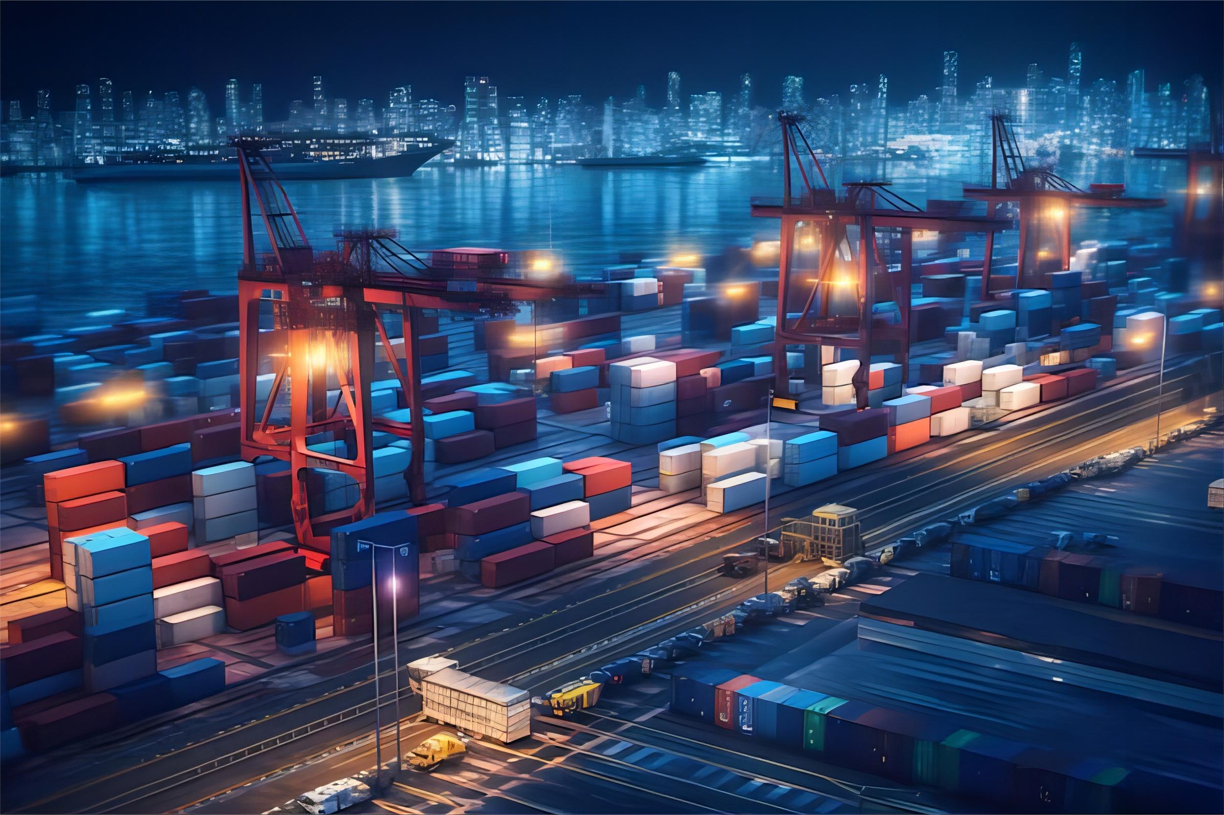 Cargo containers being loaded onto a large container ship at a busy port in China