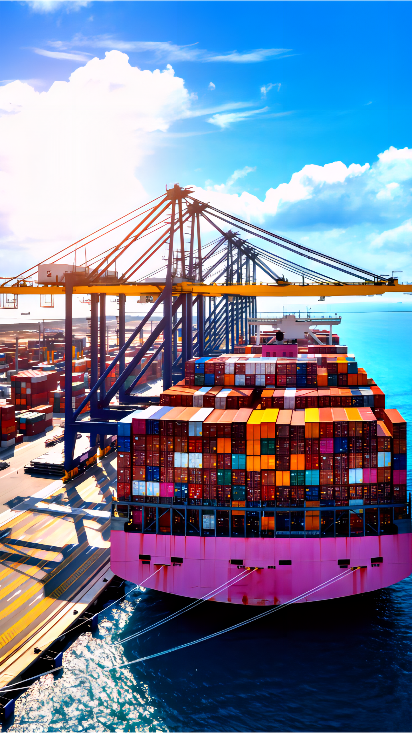 Savannah port terminal with container ships and flat rack cargo