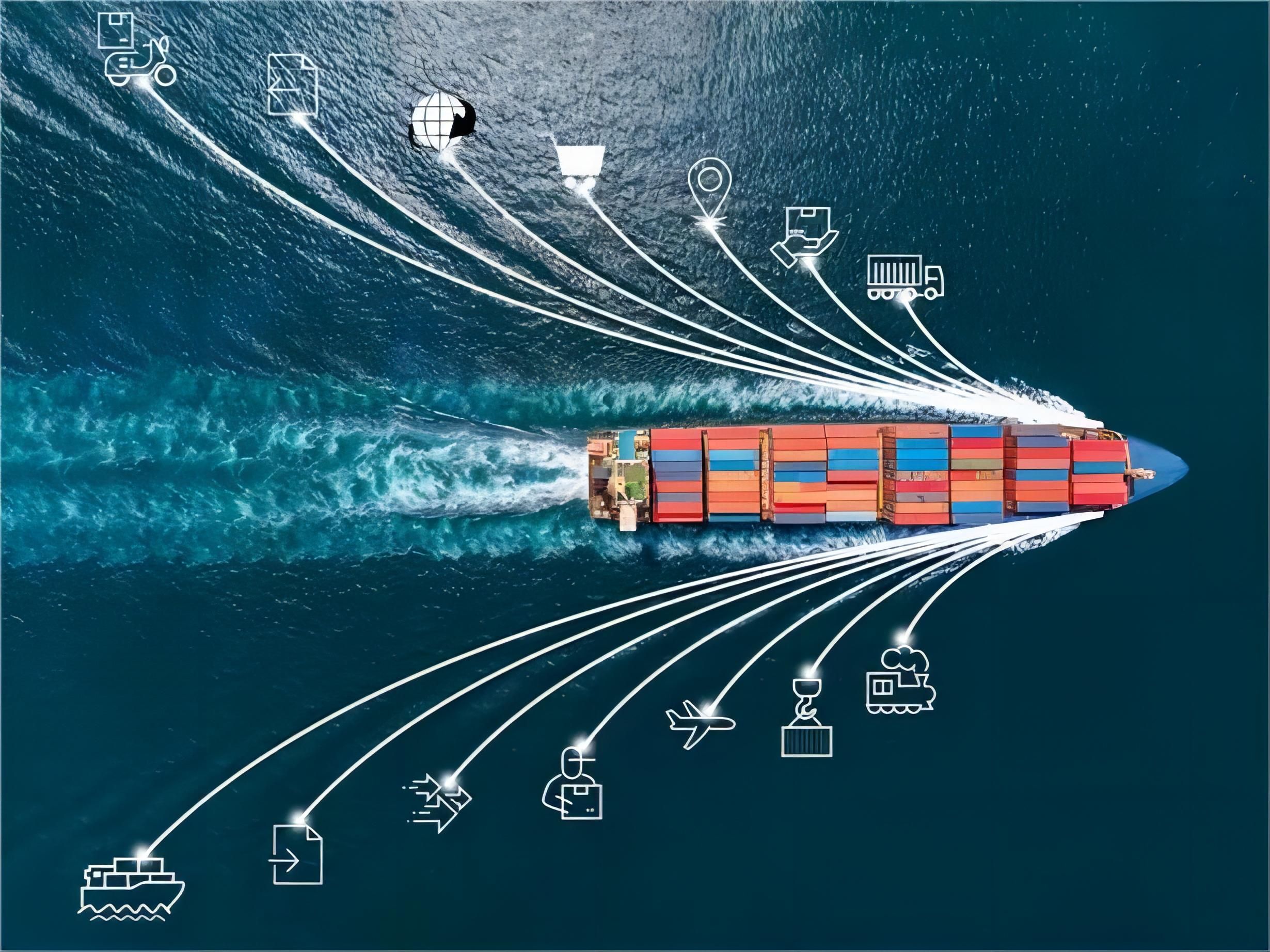 Cargo containers being loaded onto a freight train at a bustling terminal