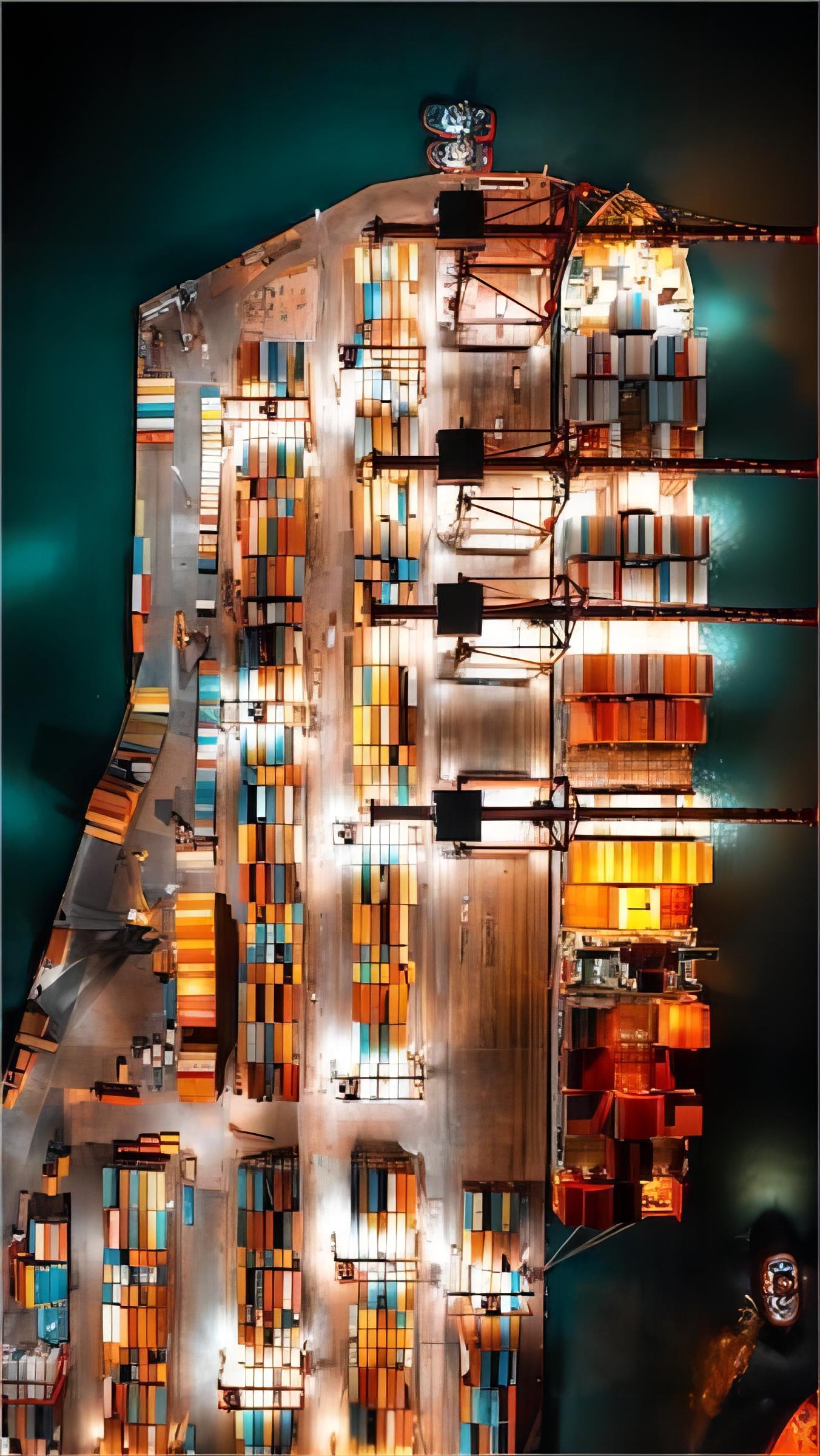 Shipping containers in a busy port at sunset