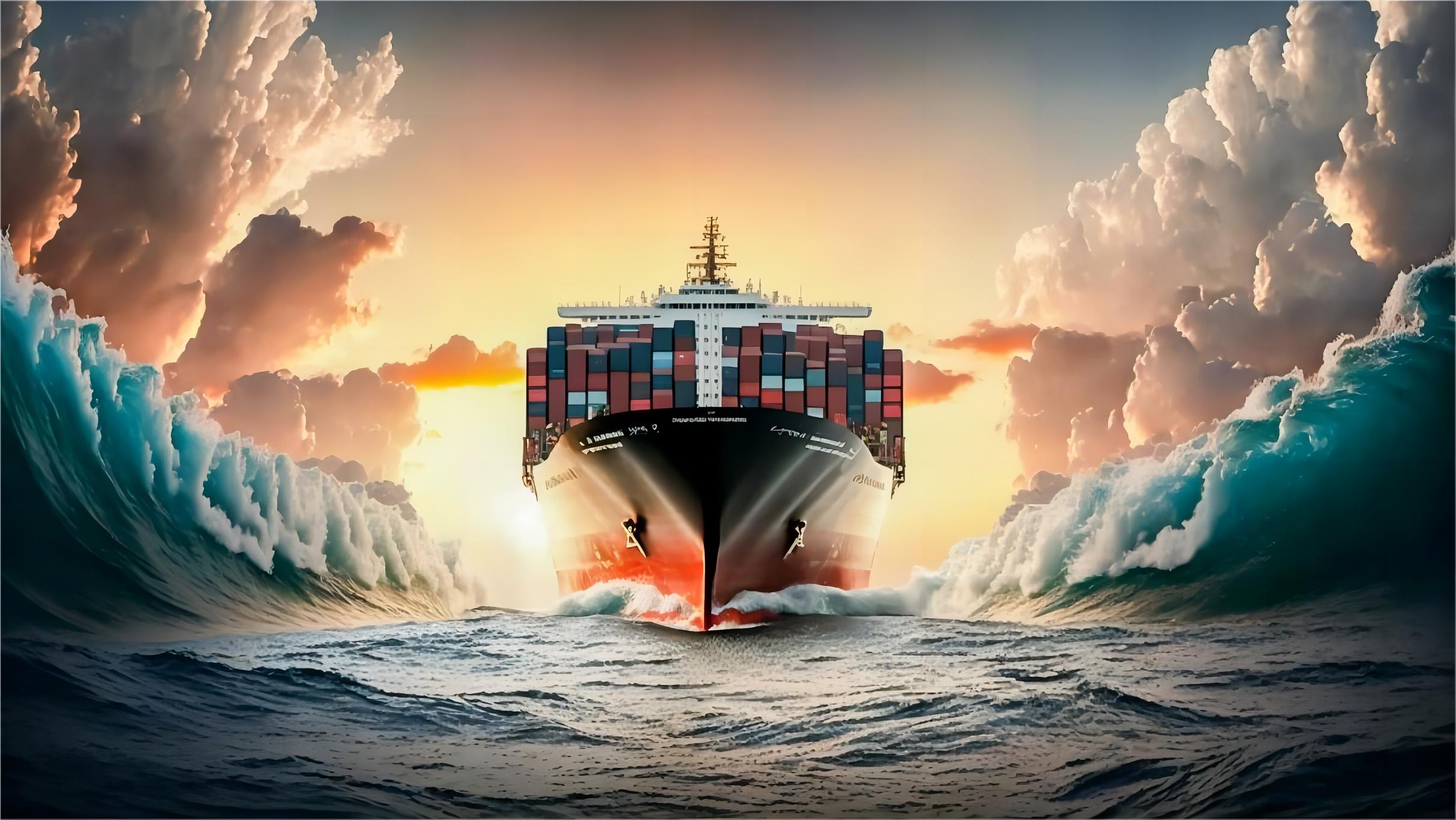 Large container ship navigating ocean with tracking overlay