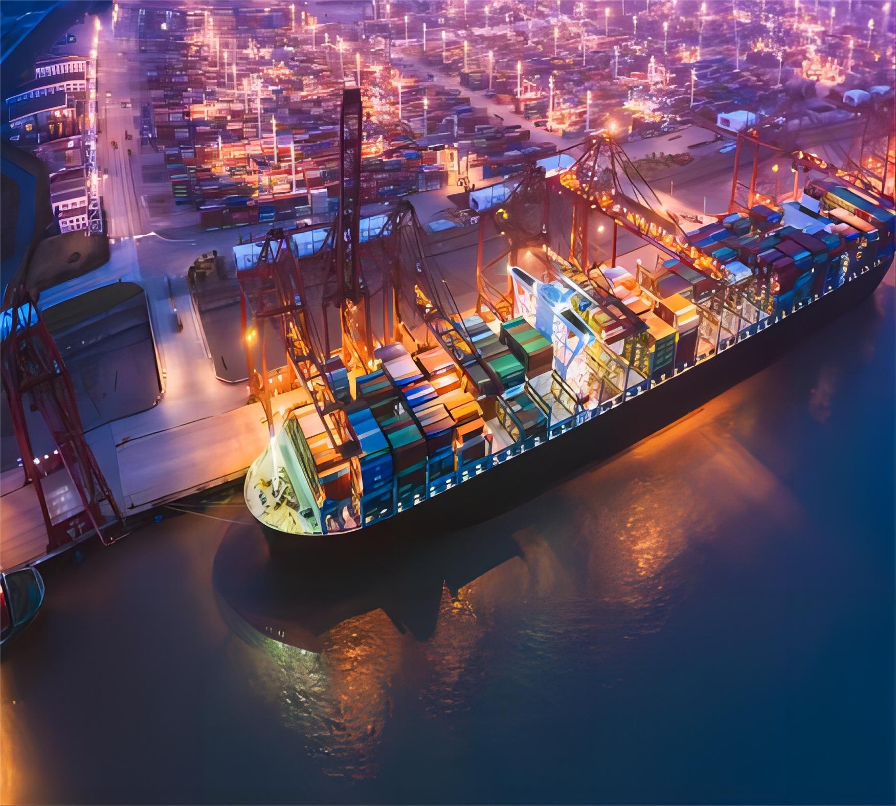 Oversized lighting fixtures secured on a flat rack container at a Chinese port